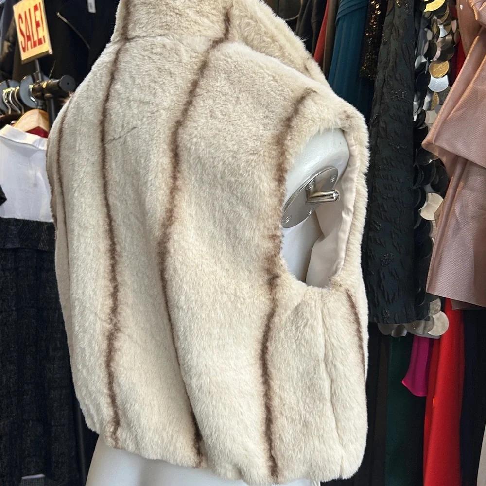 White House Black Market Cream Faux Fur Teddy Vest with Brown Stripe Accents - Picture 2 of 5